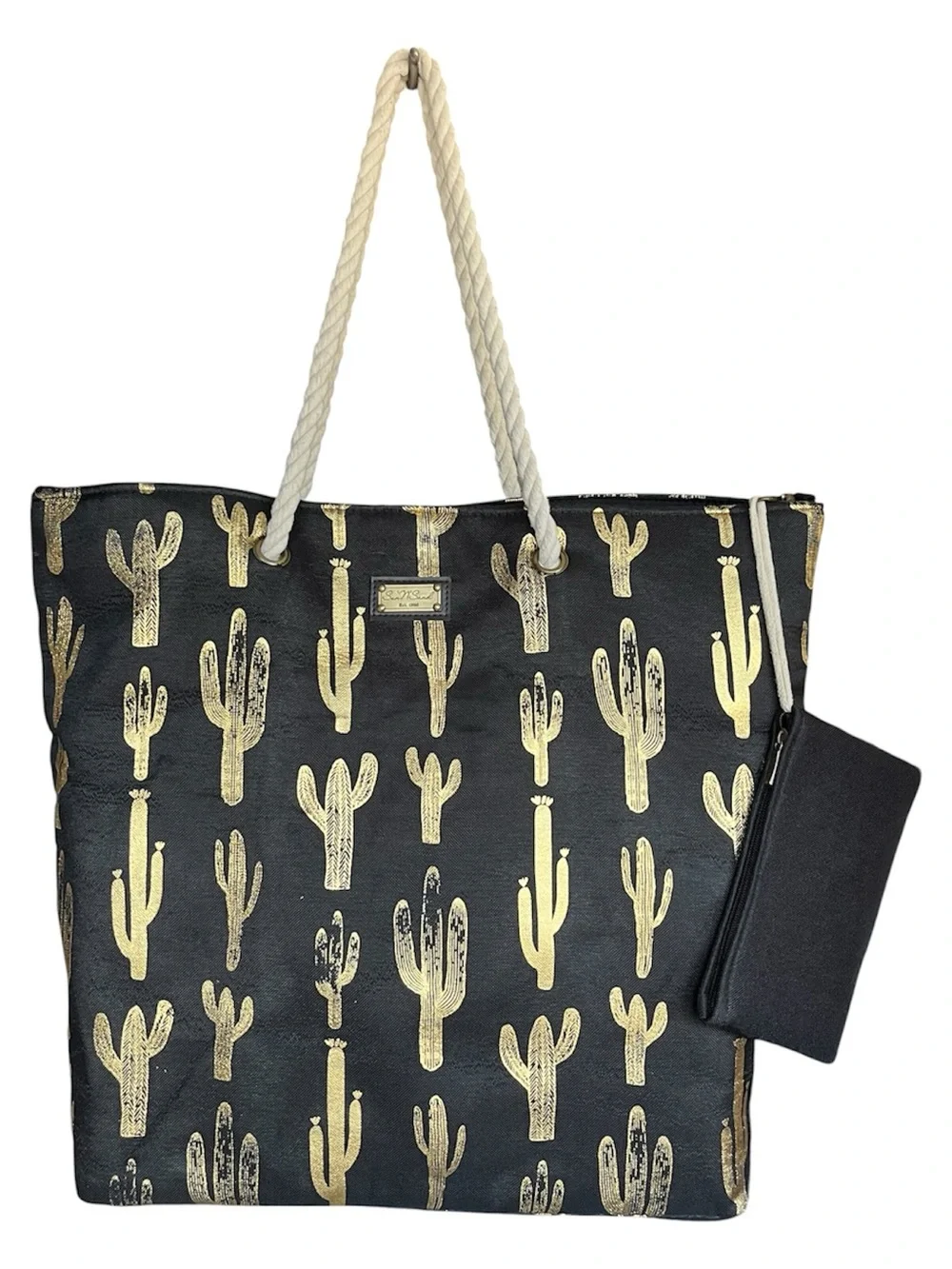 Sun N Sand Gold Cactus Black Canvas Tote Bag with Rope Handles and pouch